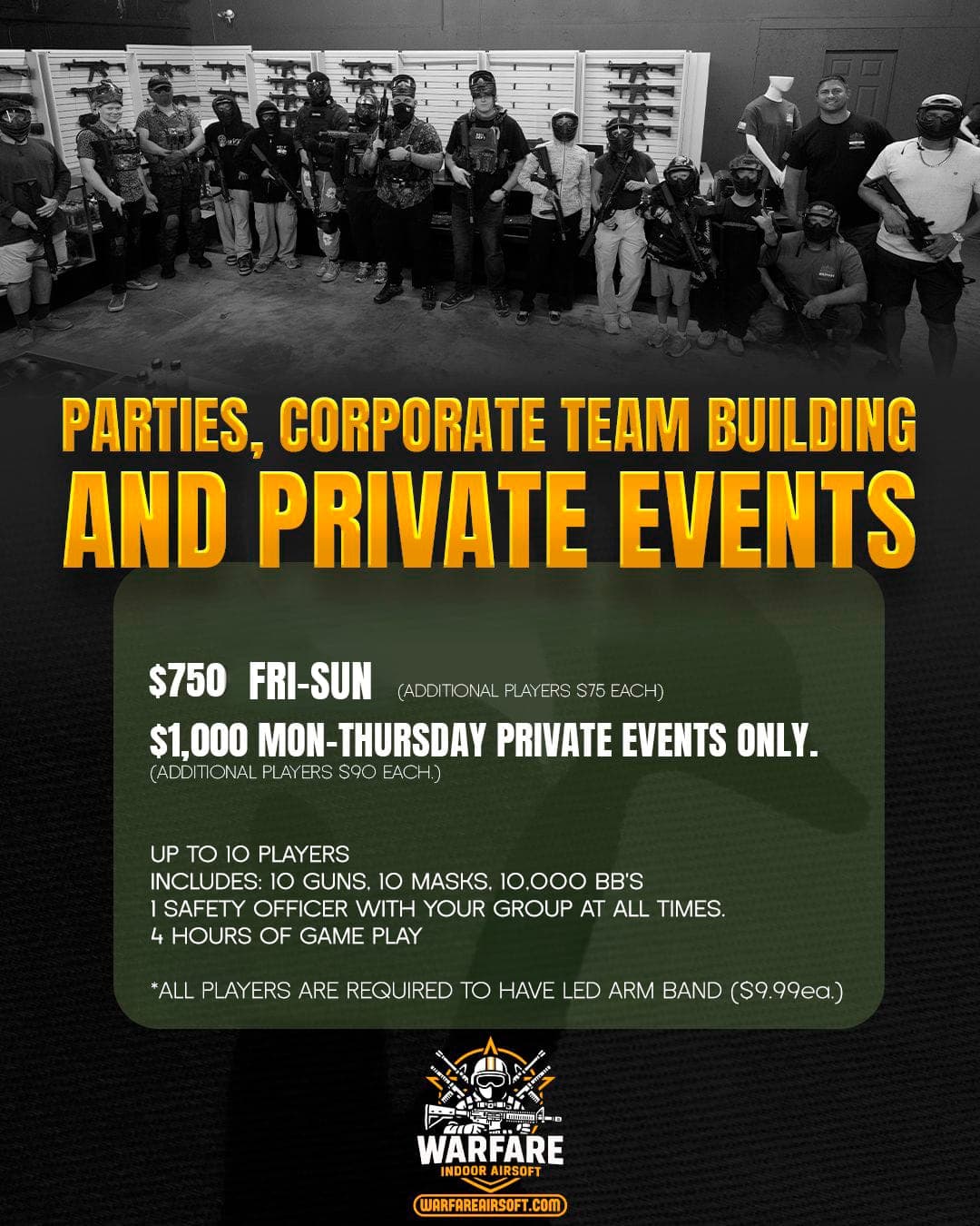 Official Warfare Airsoft flyer for parties, corporate team building and private events