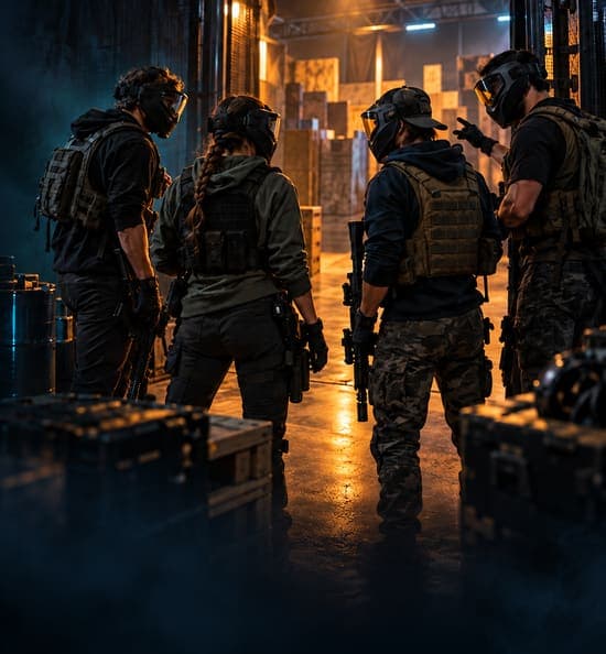 Four masked players in plate carriers gathering at the lit arena entrance