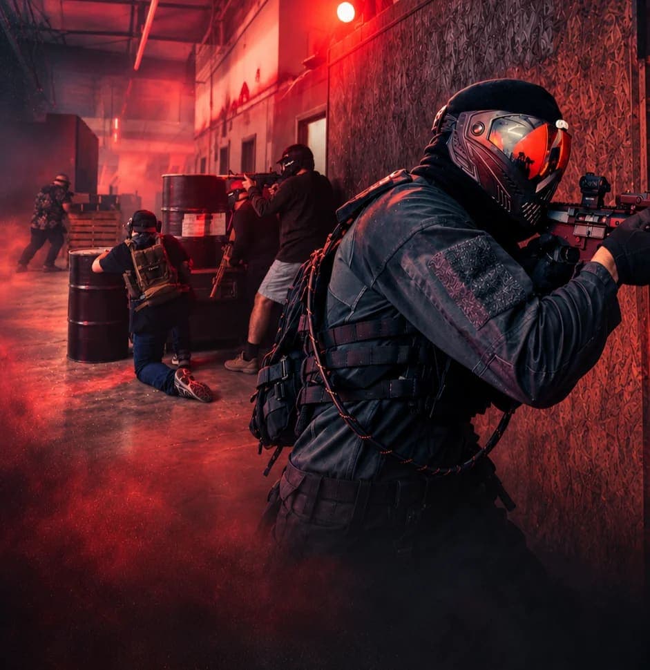 Player in a full mask aiming along a red-lit arena wall while teammates hold positions behind barrels